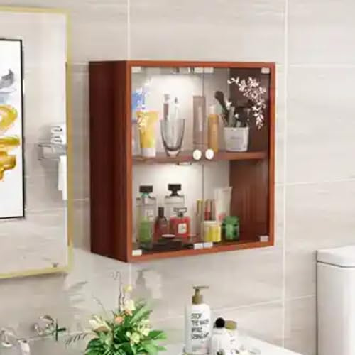 Wandschrank aus Teakholz mit transparenten Glastüren, 2/3 Etagen, Aufbewahrungsregal für Zuhause, Badezimmer, Büro und Wohnzimmer, platzsparende Vitrine mit LED-Licht, 60 x 6 cm
