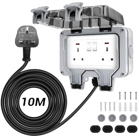 Waterproof Double Outdoor Socket with Outdoor 10M Extension Lead,LED Indicators,IP66 Outside Plug Socket Wall Electrical Outlet 13Amp 2 Gang High Impact PC Housing Switched Power Box, for Garden, Home