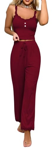 Women’s Sexy 2-Piece Solid Pyjama Set Sleeveless Crop Top High Waist Pant | Lace Trim Nightwear, Button Camisole, Casual Strappy Sleepwear, V-Neck Cami, Curvy Backless Homewear, Soft Modal Loungewear
