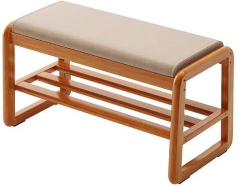 Mid Century Modernes Schuhregal aus Holz mit 2 Ebenen und Kissen, platzsparende Aufbewahrungsbank für Flur und Schlafzimmer