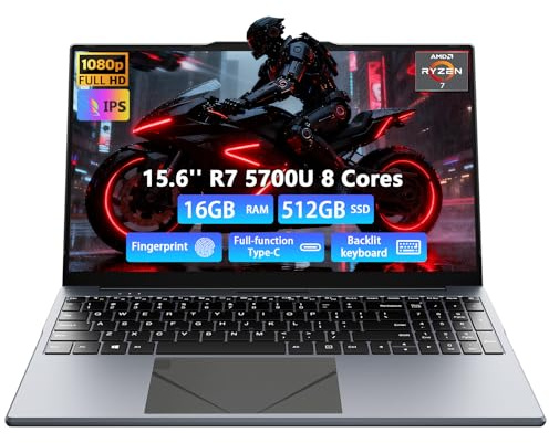 Breloom Computer portatile da gioco leggero, 8 core AMD Ryzen 7 5700U 16 GB DDR4 RAM 512 GB SSD GPU AMD Radeon Vega 8 IPS Computer con tastiera retroilluminata impronte digitali, Win 11 PRO, HDMI