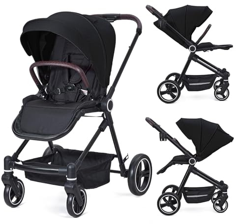 ZoomBuggy Kinderwagen 3-in-1 Für Babys 0-3 Jahre Bis 22 kg, Zusammenklappbarer Stockwagen Mit UV-Schutz Und 3 Neigepositionen, Kompakter Leichter Babywagen Mit Ablagekorb, Schwarz