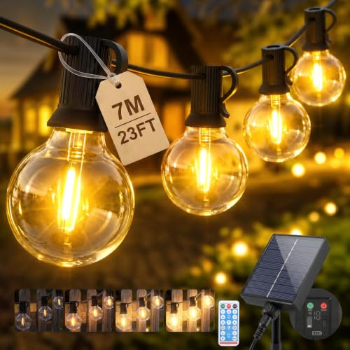 SALCAR Solar Lichterkette Außen, 7M LED Lichterkette Aussen Wasserfest 10+1 G40 Glühbirnen Dimmbar mit Fernbedienung 8 Modi Solarlichterkette Outdoor für Garten Balkon Terrasse Party, Warmweiß