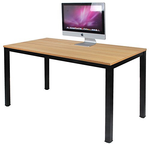 DlandHome Computertisch Holz Schreibtisch 120 x 60 cm Laptop PC Tisch, Moderner Bürotisch Arbeitstisch Konferenztische Esstisch aus Holz und Stahl für Büro und Zuhause, Teak/Schwarz