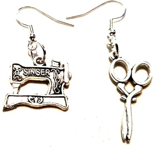Sewing Machine & Scissors Earrings on Sterling Silver Hooks, Singer & Scissors, Tailor, Seamstress, Dressmaker Earrings in a Velvet Gift Bag