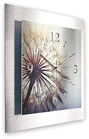 Kreative Feder 3D Designer-Wanduhr aus gebürstetem Aluminium leise Wanduhr ohne Ticken quadratisch 40x40cm (Pusteblume, leises Funkuhrwerk)
