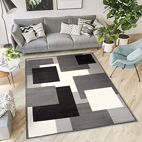 TAPISO Dream Teppich Wohnzimmer Modern Kurzflor Grau Schwarz Weiß Vierecke Karo Schlafzimmer Esszimmer Küche ÖKOTEX 250 x 350 cm