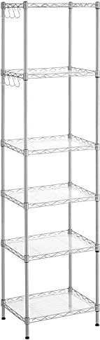 SONGMICS 6-Tier Shelving Unit, Metal Kitchen Storage Shelves, with Adjustable Wire Shelves, PP Liners, 8 Hooks, for Living Room, Garage, 30 x 40 x 160 cm, Silver LGR116E01