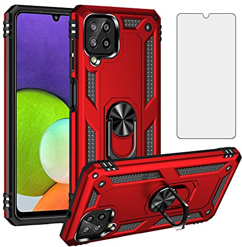 Asuwish Handyhülle für Samsung Galaxy A22/M32/M22 4G Hülle mit Glas Folie Schutzfolie und Magnetisch Ring Ständer Handyhüllen Cover A 22 22A F22 G4 Slim Handy Hüllen Schutzhülle Phone Case Rot