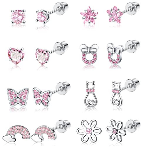YADOCA 8 Paires Boucles d'Oreilles Hypoallergéniques pour Femmes Filles Acier Chirurgical CZ Cœur Étoiles Arc-en-Ciel Boucles d'Oreilles Vissées Fleur Multicolore Papillon Boucles d'Oreilles