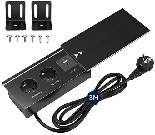 Multiprise Electrique 3M Câble, Prise Encastrable Plan de Travail Cuisine USB C PD20W, Aluminium, Bloc Prise Encastrable 2 Prises et Type A, 2200W/10A, Noir