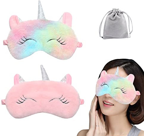 2 Stück süße Schlafmaske, Einhorn-Cartoon-Augenmaske für Reisen, Nickerchen, Mittagessen, Pause über Nacht, Party, weiche Plüsch-Augenbinde, Augenabdeckungen für Frauen, Mädchen, Kinder…