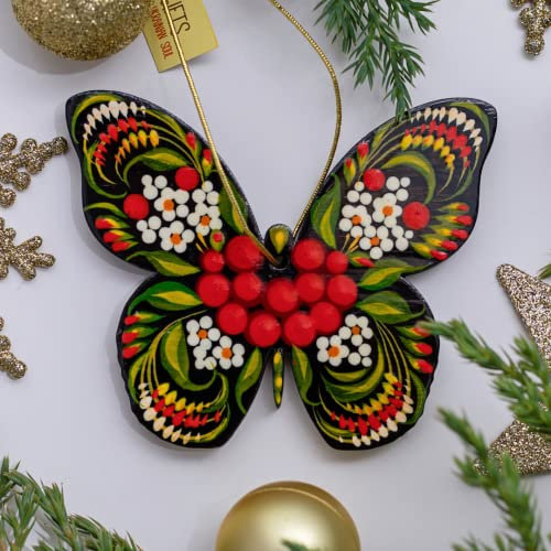 Handbemalter Weihnachtsschmuck Schmetterling Baumanhänger handbemalt kunstvoll - Baumschmuck Holzfiguren Tiere | Besondere Weihnachtsdekoration | Ukrainische Handarbeit