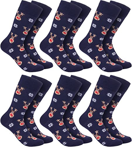 BRUBAKER 6 Paar Weihnachtssocken für Damen und Herren - Weihnachtsmotiv Rentiere - Baumwolle Socken Weihnachten