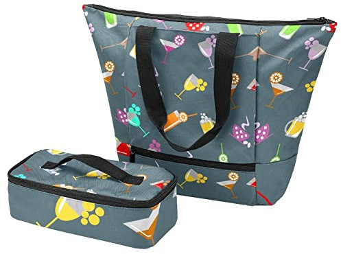Large Tote Bag & Lunch Box Cocktail Glass Wine Beer Handbags+Insulation Bags for Travel Work School