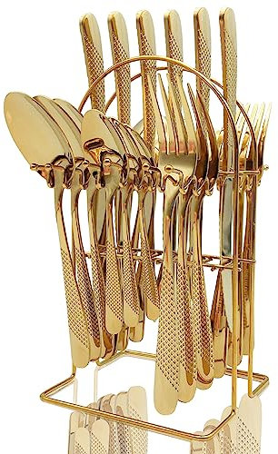 Gilded Silverware Set, 24 Piece Cutlery Set with Holder, Service for 6, Mirror Polished Tableware Set for Home Kitchen (Gold)