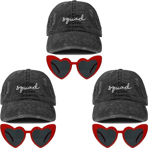 Funky Junque Damen Braut Baseball Cap für Junggesellinnenabschiede, 3 Squads (schwarz) und 3 Herz-Sonnenbrillen (rot), Einheitsgröße