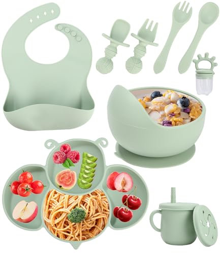 SOBEAU Vajilla para bebés de silicona, juego de cubiertos para bebés de 10 piezas, tazón, babero, cuchara, tenedor, taza para bebés 2 en 1, taza para refrigerios, tetina de frutas (verde)