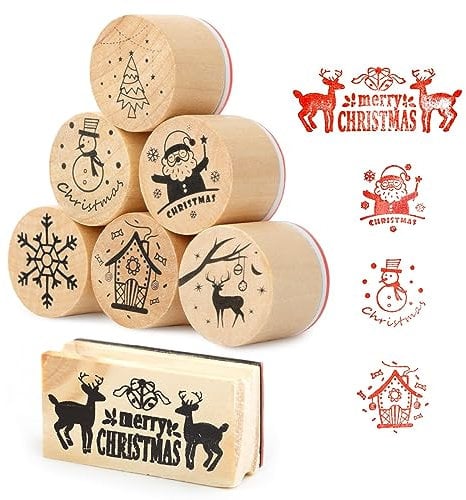 BETESSIN 7Pcs Weihnachten Stempel Holz Rund Holzstempelset Christmas Weihnachtsstempel Klein Motivstempel Kinder für Kartenbasteln Scrapbooking Geschenkpapier