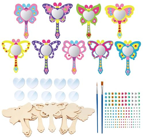 Matogle 9 Stück Schmetterling Spiegel Basteln Mädchen Holzschmetterling Handspiegel Bastelset Holzspiegel Handwerk zum Malen Kosmetikspiegel zum Bemalen für Kinder Geburtstagsgeschenk