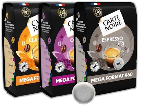 CARTE NOIRE – Café en Dosettes Souples Assortiment Classique N°5/Corsé N°7/Espresso N°8 - certifié Rainforest Alliance - 3 Paquets de 60 Dosettes – Compatibles Senseo (180 dosettes)