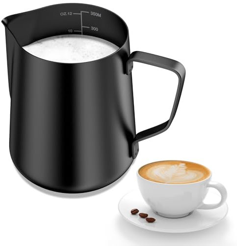 Newaner 350ml Milchkännchen zum Milchaufschäumen 304 Edelstahl, Milchkanne mit Messung Mark 12oz für Barista, Milch Pitcher für Cappuccino, Espresso, Latte Art, Perfekt für Kaffeeliebhabe, Schwarz