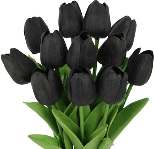 N&T NIETING Artificial Tulips Flowers, 12Pcs Fake Tulip Real Touch Latex Faux Tulips Flowers Bouquet for Wedding Floral Arrangements, Mother's Day, Home Easter Decoration(Black)