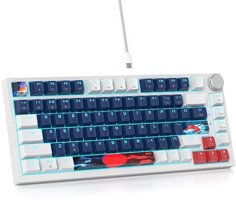 SOLIDEE mechanical keyboard wired 75 percent,Hot Swappable Keyboard,Gasket Structure RGB Backlit keyboard,82 Keys TKL Mechanical Keyboard,NKRO Compact Keyboard with Volume Control Knob(82 White Blue)