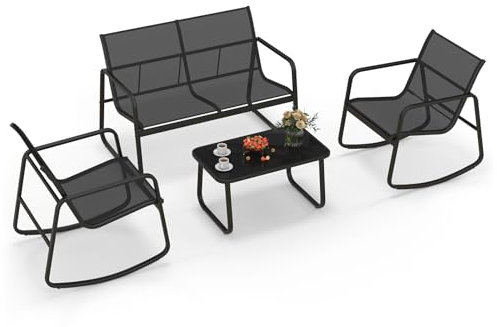COSTWAY 4PCS Garden Furniture Set, Metal Frame Outdoor Conversation Set with Loveseat, 2 Rocking Chairs and Glass Coffee Table, Conservatory Table Sofa Dining Set for Backyard Poolside