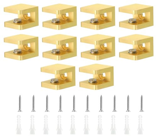 QUARKZMAN Pince de Fixation pour Étagère en Verre, Lot de 10 Pinces en Cuivre Doré Réglables pour Verre de 5 à 8 mm d'Épaisseur, Support de Fixation pour Panneau en U