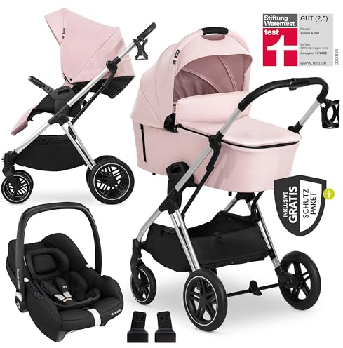 Hauck Vision X Poussette 3 en 1, avec coque bébé i-Size et accessoires, poussette combinée compacte pliable jusqu'à 25 kg, kit complet avec siège auto, rose mélangé
