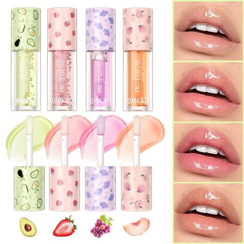 4 Stück Lipgloss Set, Farblos Lip Oil Durchsichtig, Glossy Fruity Lippenöl Kit für Beugt Trockenen Lippen, Lippenpflege Lip Gloss, Langanhaltend Moisturizing, Tag und Nacht Verwendet Werden