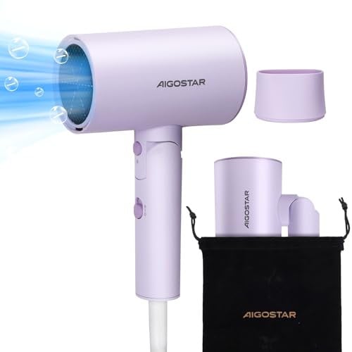 Aigostar Secador de Pelos para Viajes - Tecnología Iónica 2100W, 3 Temperaturas / 2 Velocidades, Protección Antiescalda, Purpura con Bolso de Almacenamiento