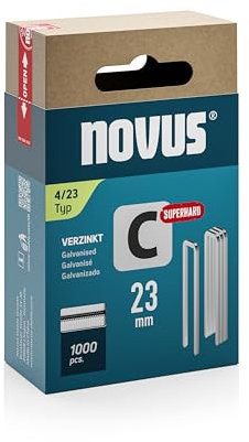 NOVUS TOOLS Schmalrückenklammern 23 mm superhart, 1000 Tacker-Klammern vom Typ 4/23, Schiebeschachtel, Heftmittel für Profilhölzer und Paneele