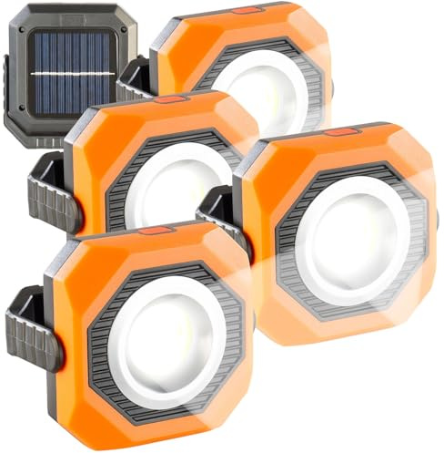 PEARL Camping Arbeitsleuchte: 4er-Set Solar-Camping- & Arbeits-Lampe, 6W, 300lm, 1.200mAh, Magnet (Akku Solarlampe, Solar-LED-Arbeitsleuchte, Haken)