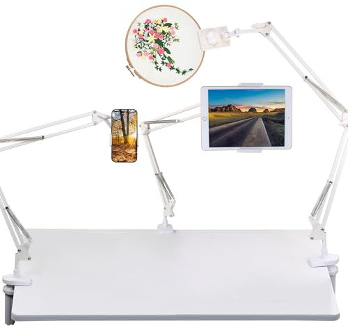 guofa Schwanenhals Tablet Halterung mit Stickrahmen Clip – Verstellbarer Arm Handyhalter für 4,5–13 Zoll Geräte, Flexibler iPad Halter für Bett, Schreibtisch, Küche, Stickerei & Lesen, Weiß
