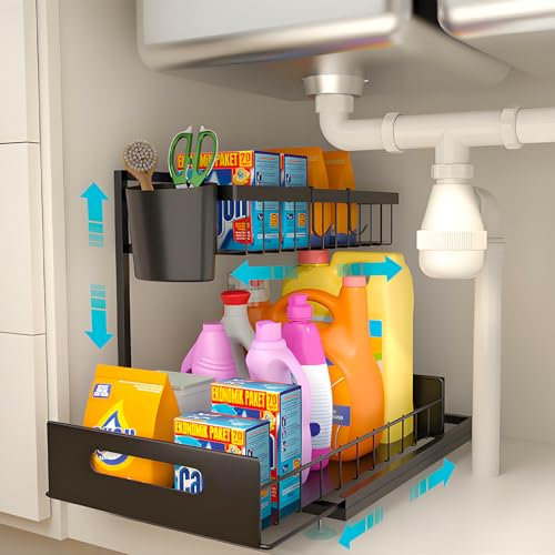 Houocon Metal Under Sink Storage Kitchen Organiser, 2 Tier Slide Out Under Sink Storage with 2 Hooks 1 Cup Holder, Height Adjustable Under Sink Organiser for Bathroom Kitchen Countertop, Black