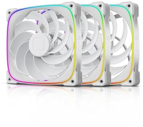 Geometric Future Squama 2503R Reverse Blade RGB PWM Fan - 140mm - 3 Pack – Performance & Silent Balance - Dual Lighting Loop - 5V 3pin addressable RGB - 4pin PWM - White(GEO-S2503RW-14T)