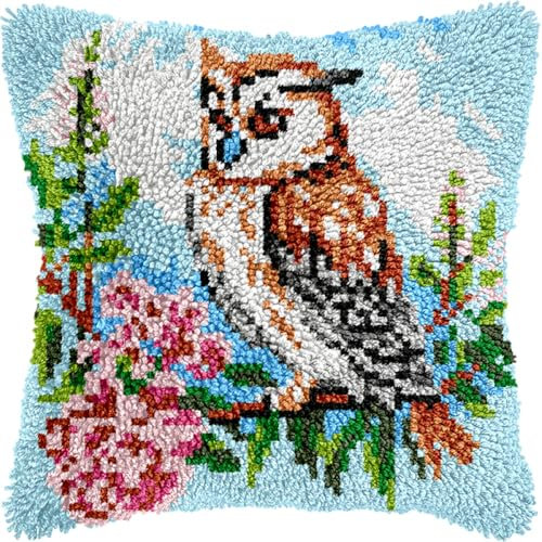 Kitquiver Diy Knüpfkissen Mit Vordruck Eulen-Tier-Knüpfhakenset Kissen Home Decor Besticktes Kissenset, Stickset Für Anfänger Und Erwachsene 17x17in