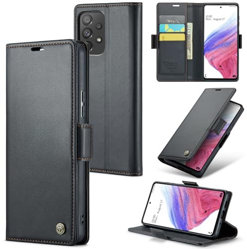 Rerzoiro Handyhülle für Samsung Galaxy A53 5G Hülle, Premium PU Lederhülle Klappbar Flip Case [RFID Blocker] Tasche Magnet Kartenfach Klapphülle Schutzhülle für Samsung Galaxy A53, Schwarz