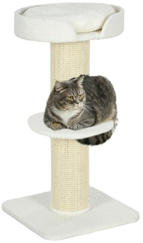 PawHut Kratzbaum 91 cm Katzenturm mit Sisalstämme, Plattform, Kissen mehrstöckiger Katzenkratzbaum, Kletterbaum, für mittelgroße Katzen, Cremeweiß