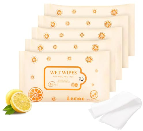 Pack of 10 Wet Wipes Individually Wrapped, Lemon Travel Wipes, 100 count, Clean Wipe Bulk for Travel with Aloe for Butt, Hands, Face Cleaning, Daily Use (10pcs per bag)