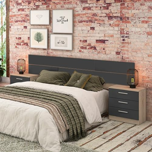 Meyvaser.com Ecommerce Company Pack tête de lit et 2 tables de chevet, chambre double, chambre complète, finition en cambria et graphite, dimensions : 220 cm (largeur) x 50 cm (hauteur) x 35 cm