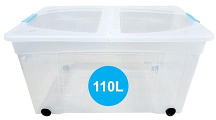RelianceUK 2 x 110 Litre Extra Large Plastic Storage Boxes with Clip Lock Lids & Wheels | Clear Big Containers for Clothes Shelves | 110L Stackable Multipurpose Storage Tubs for Home Office Kitchen