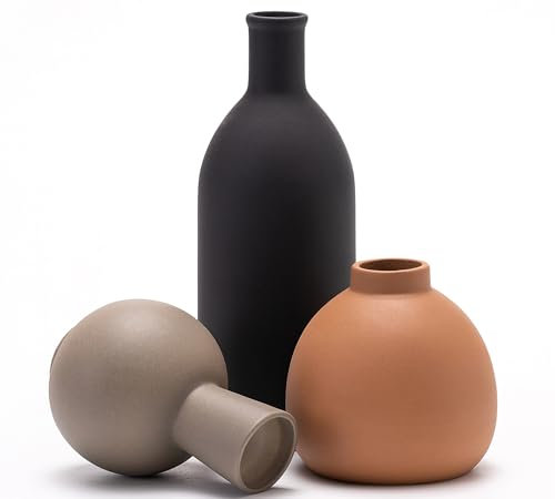 VASETOPIA Keramik Vasen 3 Stück- Gerade, Ovale, Runde Matte, Minimalist Rustikale Home Decor für Pampas Grass (Schwarz/Silbergrau/Rötlichbraun)