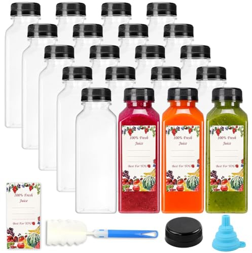 Kueohse 20Pcs 12oz Empty Plastic Juice Bottles with Caps,Reusable Water Bottles, Clear Containers with Black Tamper Evident Lids