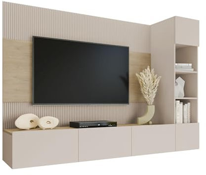 Mirjan24 Wohnwand Deromi, Anbauwand mit Wandpaneele und TV-Lowboard, Akustikplatten, Fernsehschrank, Schrankwand, Mediawand, TV-Lowboard (Sandbeige + Eiche Cremona, 1x Hängeregal)