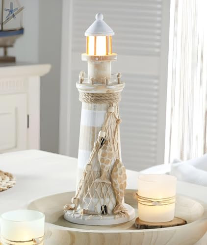 Dekoleidenschaft LED Deko Leuchtturm aus Holz im Shabby Look, 40 cm hoch, Maritime Dekofigur beleuchtet, Leuchtdeko