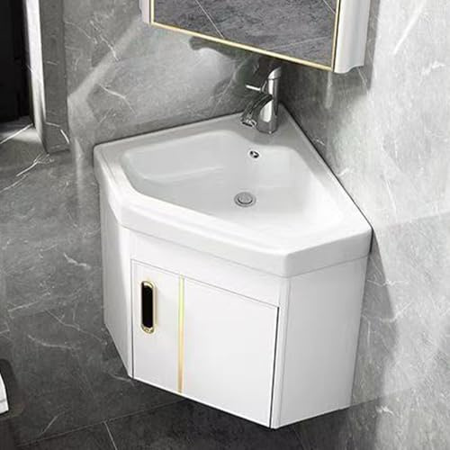 Hggdsac Wandmontiertes keramikwaschbecken, Eckwaschbecken Mit Unterschrank, Waschschale mit Ablagefach, Für Badezimmer, Küche, Waschküche oder Büro wertet(Weiß,42cm/16.5in)