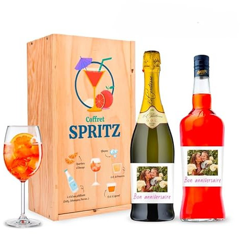 Coffret alcool personnalisé SPRITZ - Kit apero a offrir avec Caisse Bois, 1 bouteille Prosecco & 1 bouteille d'Apérol [ Box degustation ]